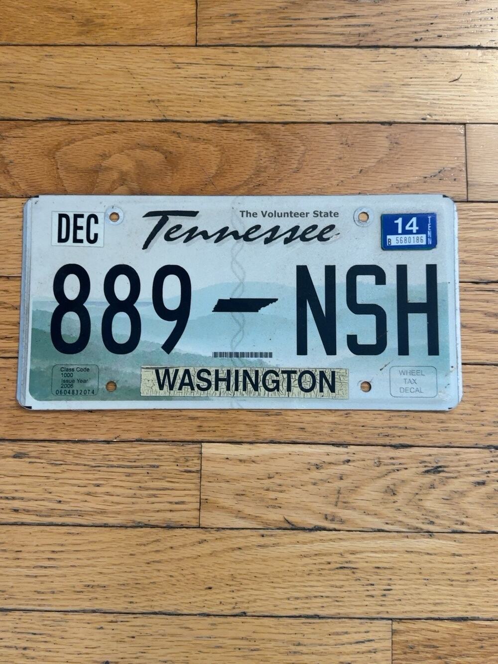 2014 Tennessee License Plate 889-NSH Washington County Volunteer State Auto Tag